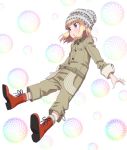  1girl blonde_hair boots brown_pants brown_shirt dress_shirt eyebrows_visible_through_hair floating_hair full_body grey_hat iijima_yun new_game! open_mouth outstretched_arms pants pink_x red_eyes red_footwear shirt solo 