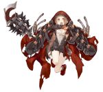  1girl :o belt brown_hair cloak frills full_body holding holding_weapon hood jino little_red_riding_hood_(sinoalice) looking_at_viewer official_art open_mouth orange_eyes sinoalice solo weapon white_background 