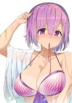  1girl arm_at_side bangs bikini blush breasts cleavage closed_mouth collarbone commentary_request eyebrows eyebrows_visible_through_hair eyelashes fate/grand_order fate_(series) front-tie_bikini front-tie_top hair_between_eyes hand_in_hair highres large_breasts looking_at_viewer mash_kyrielight mouth_hold navel purple_bikini_top purple_hair purple_ribbon red_ribbon ribbon ribbon_in_mouth see-through shiny shiny_hair shirt short_hair simple_background smile solo standing swimsuit upper_body water wet wet_clothes wet_hair wet_shirt white_background white_bikini wide_sleeves xiaodi 