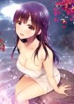  1girl :d absurdres alpha_(yukai_na_nakamatachi) arm_support breasts brown_eyes brown_hair cleavage collarbone day flower highres long_hair medium_breasts naked_towel open_mouth outdoors red_flower sitting smile solo toranoana towel water wet white_towel 