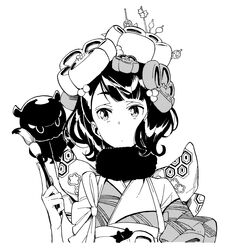  1girl absurdres black_hair calligraphy_brush fate/grand_order fate_(series) flower greyscale hair_flower hair_ornament hairpin highres japanese_clothes katsushika_hokusai_(fate/grand_order) kimono monochrome obi octopus paintbrush sash short_hair t-okada white_background 