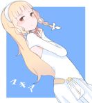  1girl bangs blonde_hair blunt_bangs braid dress dutch_angle flat_chest hair_ornament hair_ribbon hairband highres long_hair looking_at_viewer maquia_(sayoasa) red_eyes ribbon sayonara_no_asa_ni_yakusoku_no_hana_wo_kazarou side_braids simple_background solo standing tied_hair usuaji white_dress white_hairband white_ribbon 