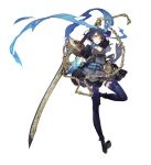  1girl alice_(sinoalice) blue_hair dress eyebrows_visible_through_hair full_body jino looking_at_viewer official_art puffy_sleeves red_eyes sinoalice solo sword thigh-highs weapon white_background 