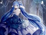  1girl backless_dress backless_outfit blue_dress blue_eyes choker detached_sleeves dress eyebrows_visible_through_hair hair_between_eyes hatsune_miku highres indoors long_dress looking_at_viewer looking_back qingning sleeveless sleeveless_dress smile snowflakes solo standing vocaloid yuki_miku 