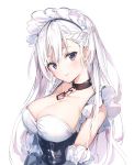  1girl absurdres azur_lane bangs belfast_(azur_lane) blush braid breasts cleavage closed_mouth eyebrows_visible_through_hair frills hair_between_eyes highres large_breasts long_hair looking_at_viewer maid maid_headdress silver_hair simple_background smile solo tsurime umibouzu_(niito) upper_body violet_eyes white_background white_hair 