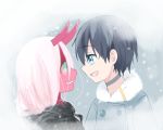  1boy 1girl black_hair blue_eyes coat couple darling_in_the_franxx face-to-face green_eyes grey_coat highres hiro_(darling_in_the_franxx) horns long_hair looking_at_another oni_horns parka pink_hair red_sclera red_skin short_hair spoilers taki325555 winter_clothes winter_coat zero_two_(darling_in_the_franxx) 