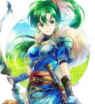  1girl bow_(weapon) earrings fingerless_gloves fire_emblem fire_emblem:_rekka_no_ken fire_emblem_heroes fur_trim gloves green_eyes green_hair high_ponytail jewelry kro long_hair lyndis_(fire_emblem) mamkute pelvic_curtain ponytail side_slit solo sword weapon 