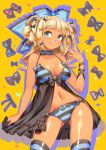  1girl 72producer \||/ absurdres arm_ribbon ass_visible_through_thighs babydoll babydoll_lift bangs bare_shoulders black_babydoll black_bow black_panties black_ribbon blue_bow blue_choker blue_eyes blunt_bangs bow bow_babydoll bow_panties breasts choker cleavage closed_mouth collarbone commentary contrapposto cowboy_shot curly_hair dark_skin drop_shadow eyebrows_visible_through_hair eyelashes frilled_babydoll frilled_choker frills hair_bow hand_up heart heart_background highres horizontal-striped_legwear horizontal-striped_panties horizontal_stripes huge_bow lace lace-trimmed_bow lace-trimmed_panties lips long_hair looking_at_viewer lowleg lowleg_panties medium_breasts navel orange_background orange_bow original panties raised_eyebrows ribbon see-through see-through_silhouette shiny shiny_hair shiny_skin simple_background smile solo standing stomach striped striped_legwear striped_panties thigh-highs too_many_bows two_side_up underwear 