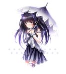  1girl arm_at_side bangs black_hair black_skirt blunt_bangs blush bow brown_eyes detached_sleeves earrings hair_bow jewelry karen_(navy_42) long_hair looking_at_viewer original purple_bow simple_background skirt stand starry_sky_print thigh_strap umbrella white_background 