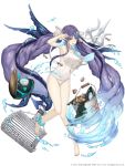  1girl anklet blue_eyes breasts bucket clam fins full_body jewelry jino large_breasts long_hair ningyo_hime_(sinoalice) official_art polearm purple_hair scared school_swimsuit sinoalice solo swimsuit towel trident very_long_hair weapon white_background white_school_swimsuit white_swimsuit 