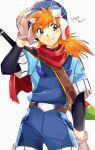  1boy belt blue_eyes closed_mouth fingerless_gloves gloves goggles grandia grandia_i highres justin_(grandia) long_hair looking_to_the_side male_focus multiple_sleeves orange_hair red_scarf scarf simple_background solo 