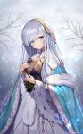  1girl anastasia_(fate/grand_order) bangs blue_eyes cape crown doll dress eyebrows_visible_through_hair fate/grand_order fate_(series) hair_over_one_eye hairband highres holding holding_doll jewelry long_hair looking_at_viewer mini_crown pendant royal_robe silver_hair sky soha_(littlesummerpe) solo standing very_long_hair white_dress winter 