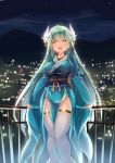  1girl :d aqua_hair breasts city_lights fate/grand_order fate_(series) horns japanese_clothes kimono kiyohime_(fate/grand_order) long_hair looking_at_viewer mountain night open_mouth outdoors sesield smile solo thigh-highs very_long_hair white_legwear yellow_eyes 