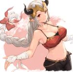  1girl aliza_(granblue_fantasy) bandage bandaged_arm bare_shoulders braid breasts collarbone commentary_request covered_nipples granblue_fantasy grey_hair groin hair_ribbon headpiece highres horns koretsuki_azuma large_breasts long_hair navel pointy_ears red_eyes ribbon solo tank_top 