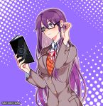  1girl artist_name bespectacled black-framed_eyewear book closed_mouth commentary doki_doki_literature_club english_commentary expressionless glasses hair_between_eyes hair_tucking holding holding_book long_hair looking_away outline purple_background purple_hair rectangular_eyewear savi_(byakushimc) school_uniform simple_background solo upper_body very_long_hair violet_eyes white_outline yuri_(doki_doki_literature_club) 