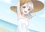  1girl :d arm_behind_back arm_up armpits beach blue_eyes blush brown_hat clouds cloudy_sky deadnooodles dress eyebrows_visible_through_hair grey_hair hat looking_at_viewer love_live! love_live!_sunshine!! medium_hair ocean open_mouth sky smile solo spaghetti_strap straw_hat sundress watanabe_you wavy_hair white_dress 