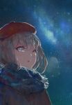  1girl :o absurdres blue_eyes blue_scarf commentary_request hat highres horns kisei2 light_brown_hair milky_way night night_sky original outdoors parted_lips red_hat scarf shiny shiny_hair short_hair sky solo star_(sky) starry_sky upper_body 