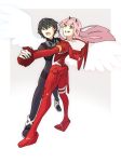  1boy 1girl black_hair blue_eyes couple darling_in_the_franxx green_eyes hand_holding hiro_(darling_in_the_franxx) horns long_hair ngg_tk oni_horns pilot_suit pink_hair short_hair wings zero_two_(darling_in_the_franxx) 