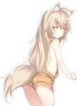  1girl animal_ears bare_shoulders blonde_hair blush fox_ears fox_girl fox_tail from_behind highres long_hair looking_at_viewer naked_overalls original overalls simple_background solo suspenders tail tsunekichi white_background yellow_eyes yoru_(tsunekichi) 