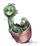  1girl commentary_request dress green_dress green_hair green_skin idon leaf leaf_on_head looking_at_viewer monster_girl original plant_girl short_hair simple_background smile smug solo tentacle vase white_background 