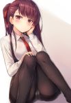  1girl arm_support bangs black_legwear blush bow braid brown_hair closed_mouth collared_shirt commentary dutch_angle eyebrows_visible_through_hair fingernails girls_frontline hair_bow head_tilt highres knees_together_feet_apart long_hair long_sleeves motokonut necktie one_side_up panties panties_under_pantyhose pantyhose pinstripe_pattern red_bow red_eyes red_neckwear shirt sitting solo striped striped_shirt suspenders thighband_pantyhose underwear vertical-striped_shirt vertical_stripes very_long_hair wa2000_(girls_frontline) white_shirt 