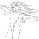  1girl commentary_request competition_swimsuit cowboy_shot darling_in_the_franxx fukudahda hairband highleg highleg_swimsuit horns long_hair looking_at_viewer monochrome one-piece_swimsuit oni_horns ponytail solo straight_hair swimsuit towel white_hairband zero_two_(darling_in_the_franxx) 