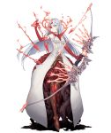  1girl arrow bow_(weapon) burning_eye dark_persona dress empty_eyes energy_arrow flower full_body half-nightmare holding holding_weapon jino long_hair multicolored multicolored_skin navel navel_cutout official_art pale_skin red_eyes red_skin rose serious sinoalice snow_white_(sinoalice) solo thorns transparent_background weapon white_eyes white_hair 