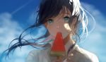  1girl black_hair blue_eyes blurry blurry_background close-up clouds cloudy_sky day eating expressionless eyelashes face fingernails floating_hair food ice_cream long_hair mikuro_(396) original popsicle shirt sky solo_focus sunlight upper_body watermelon_bar white_shirt 
