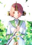  1girl bag blue_eyes blush collarbone dress droplet fate/grand_order fate_(series) flower frankenstein&#039;s_monster_(fate) giving heterochromia holding holding_flower horn leaf looking_at_viewer parted_lips pink_hair pov pov_hands short_hair shoulder_bag solo_focus white_dress yellow_eyes zonana 