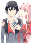  1boy 1girl black_hair blue_eyes couple darling_in_the_franxx green_eyes hand_on_another&#039;s_arm hand_on_another&#039;s_chest hiro_(darling_in_the_franxx) horns long_hair military military_uniform nakodayo09 necktie oni_horns open_clothes orange_neckwear pink_hair red_neckwear scar short_hair uniform zero_two_(darling_in_the_franxx) 