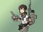  1girl adrian_ferrer brown_eyes brown_hair commentary english_commentary fubuki_(kantai_collection) gradient gradient_background green_background kantai_collection low_ponytail machinery open_mouth pleated_skirt school_uniform serafuku sidelocks skirt smile smokestack solo turret 