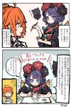  2girls 2koma ahoge anastasia_(fate/grand_order) blue_eyes chaldea_uniform comic drawing fate/grand_order fate_(series) floating fujimaru_ritsuka_(female) hair_ornament hair_scrunchie highres holding holding_paintbrush katsushika_hokusai_(fate/grand_order) long_sleeves looking_at_another medium_hair multiple_girls noyamanohana octopus open_mouth orange_eyes orange_hair paintbrush purple_hair scrunchie short_sleeves side_ponytail sweat thought_bubble translation_request 