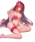  1girl :o bikini breasts cleavage fate/grand_order fate_(series) flower hair_flower hair_ornament hand_in_hair hands_on_ground head_tilt hibiscus large_breasts leg_garter legs navel open_mouth pink_bikini purple_bikini purple_hair red_eyes scathach_(fate/grand_order) scathach_(swimsuit_assassin)_(fate) side-tie_bikini simple_background sitting swimsuit thigh_strap thighs under_boob white_background ya99ru 