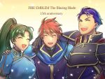  1girl 2boys armor artist_request blue_eyes blue_hair cape dress eliwood_(fire_emblem) fire_emblem fire_emblem:_rekka_no_ken fire_emblem_heroes gloves green_hair hector_(fire_emblem) hug long_hair lyndis_(fire_emblem) multiple_boys open_mouth ponytail redhead short_hair smile 