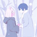  1boy 1girl black_hair blue_eyes coat couple daisydc521 darling_in_the_franxx fur_trim green_eyes grey_coat hand_holding highres hiro_(darling_in_the_franxx) horns long_hair looking_at_another oni_horns parka pink_hair red_skin short_hair spoilers winter_clothes winter_coat zero_two_(darling_in_the_franxx) 