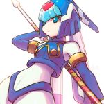  1girl absurdres bangs bare_shoulders blue_eyes blue_panties blunt_bangs commentary_request contrapposto elbow_gloves gloves green_eyes hand_up helmet highleg highleg_panties highres holding holding_weapon leviathan_(rockman) panties parted_lips reiesu_(reis) rockman rockman_zero signature simple_background solo standing underwear weapon white_background wide_hips 