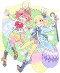  1boy 1girl ahoge alpha_omega_nova aqua_eyes blue_eyes bright_pupils couple crown easter_egg egg full_body goggles goggles_on_head hand_holding highres looking_at_another luluco mini_crown mt.somo pants redhead short_hair shorts trigger-chan trigger_(company) uchuu_patrol_luluco yellow_pants 