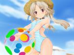  1girl 3d 3d_custom_girl ball beachball bell bell_collar blonde_hair blush collar hat highres long_hair looking_at_viewer original outdoors red_eyes sky smile solo straw_hat swimsuit taii_(tng1014) twintails 