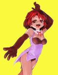  1girl bare_legs blood breasts brooch cleavage collar cowboy_shot fangs gloves gobori hand_on_head highres jewelry leotard looking_at_viewer medium_breasts open_mouth original outstretched_arm red_eyes redhead short_hair simple_background skindentation sleeveless smile solo tongue tongue_out vampire walking yellow_background 