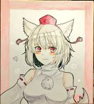  1girl animal_ears bangs bare_shoulders blush closed_mouth commentary detached_sleeves eyebrows_visible_through_hair hat heart highres inubashiri_momiji looking_at_viewer photo pom_pom_(clothes) red_eyes shirt short_hair sleeveless sleeveless_shirt smile solo tanaji tokin_hat touhou traditional_media white_hair white_shirt wolf_ears 