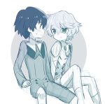  2boys blush darling_in_the_franxx hiro_(darling_in_the_franxx) looking_at_another male_focus military military_uniform monochrome mt.somo multiple_boys necktie nine_alpha_(darling_in_the_franxx) short_hair sweatdrop uniform 