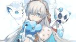  1girl alola_form alolan_vulpix anastasia_(fate/grand_order) bangs black_eyes blue_eyes blush closed_mouth crossover cubchoo expressionless eyebrows_visible_through_hair fate/grand_order fate_(series) froslass fur_collar gen_4_pokemon gen_5_pokemon gen_7_pokemon hair_ornament hair_over_one_eye leaf_hair_ornament long_hair looking_at_viewer newo_(shinra-p) pokemon_(creature) shiny shiny_hair silver_hair snot straight_hair two-tone_background upper_body very_long_hair 