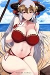  1girl aliza_(granblue_fantasy) arm_warmers artist_name astraea_(atelierastraea) beach bikini bow breasts cleavage commentary draph finger_to_mouth forehead_protector granblue_fantasy hair_bow highres horns huge_breasts long_hair navel ocean red_bikini red_bow red_eyes silver_hair sitting solo swimsuit watermark web_address 