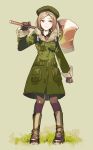  1girl arm_up axe bangs beret blonde_hair boots brown_gloves brown_legwear clenched_hand closed_eyes coat eyebrows_visible_through_hair fate/grand_order fate_(series) full_body fur-trimmed_sleeves fur_collar fur_trim gloves green_background green_coat green_footwear green_hat hat holding holding_axe holding_weapon knee_boots long_sleeves newo_(shinra-p) older pantyhose parted_bangs paul_bunyan_(fate/grand_order) pocket short_hair simple_background smile solo standing teenage weapon yellow_eyes 