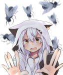  1girl animal_ears animal_hood azuma_lim azuma_lim_channel bangs blurry blurry_background blush brown_eyes bug cat_ears cat_hood daifukumochi_(akaaokiiwo) depth_of_field ear_piercing eyebrows_visible_through_hair fleeing fly hair_between_eyes highres hood hood_up hoodie insect long_hair long_sleeves open_mouth outstretched_arms piercing silver_hair solo tears virtual_youtuber white_background white_hoodie 