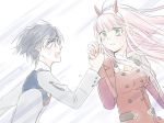  1boy 1girl bearlabel_ka black_hair blue_eyes couple crying crying_with_eyes_open darling_in_the_franxx green_eyes hand_holding hiro_(darling_in_the_franxx) horns long_hair looking_at_another military military_uniform necktie oni_horns orange_neckwear pink_hair short_hair tears uniform zero_two_(darling_in_the_franxx) 