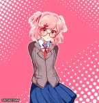  1girl arms_behind_back artist_name bespectacled blue_skirt commentary doki_doki_literature_club english_commentary frown glasses looking_at_viewer medium_hair natsuki_(doki_doki_literature_club) outline pink_background pink_eyes pink_hair pleated_skirt red-framed_eyewear round_eyewear savi_(byakushimc) school_uniform simple_background skirt solo two_side_up white_outline 