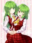  2girls ;d aka_tawashi ascot blush breasts closed_mouth commentary_request cowboy_shot dual_persona eyebrows_visible_through_hair eyes_visible_through_hair green_eyes green_hair hand_holding head_tilt highres interlocked_fingers kazami_yuuka kazami_yuuka_(pc-98) large_breasts long_hair long_sleeves multiple_girls one_eye_closed open_mouth pink_background plaid plaid_skirt plaid_vest red_eyes red_skirt red_vest shirt short_hair skirt smile standing striped striped_background touhou touhou_(pc-98) vertical-striped_background vertical_stripes vest white_shirt wing_collar yellow_neckwear 
