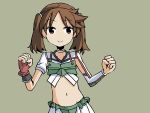  1girl adrian_ferrer asymmetrical_clothes brown_eyes brown_hair choker cosplay fingerless_gloves gloves hair_tie japanese_clothes kantai_collection katsuragi_(kantai_collection) katsuragi_(kantai_collection)_(cosplay) midriff navel pleated_skirt ryuujou_(kantai_collection) single_glove skirt smile solo twintails upper_body 