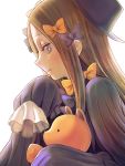 1girl abigail_williams_(fate/grand_order) bangs black_bow black_hat blonde_hair blue_eyes bow closed_mouth fate/grand_order fate_(series) hair_bow hat highres holding holding_stuffed_animal long_hair long_sleeves mushiki_k orange_bow parted_bangs polka_dot polka_dot_bow simple_background sleeves_past_fingers sleeves_past_wrists smile solo straight_hair stuffed_animal stuffed_toy teddy_bear upper_body white_background 